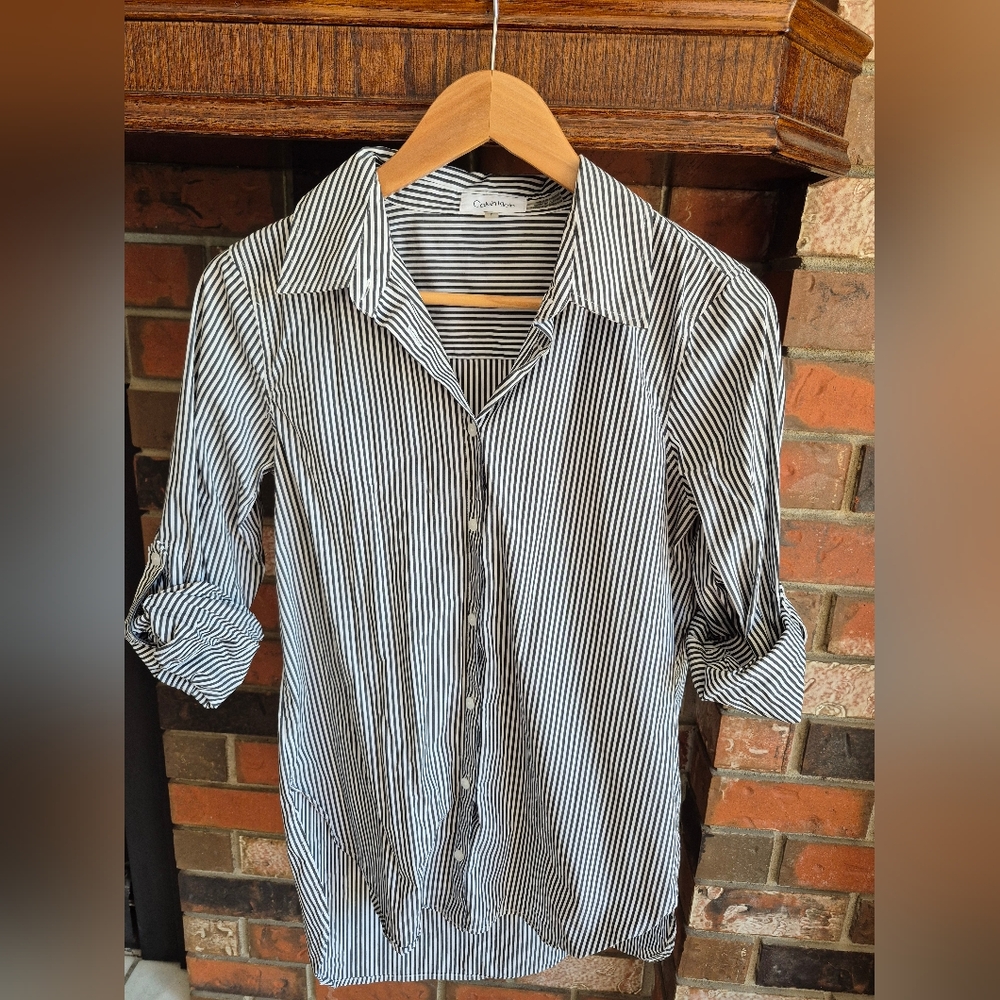 Calvin Klein Black and White Striped Office Shirt Small Button up Blouse